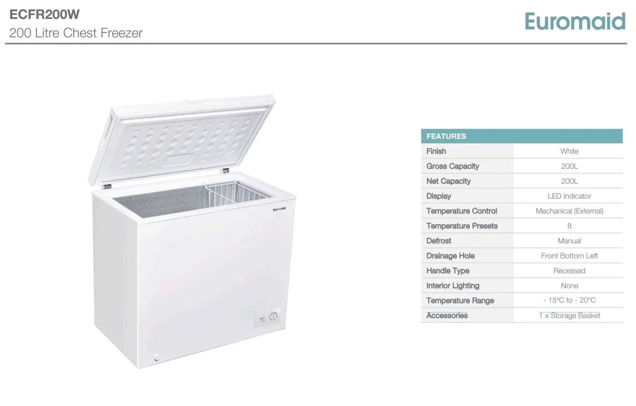 Euromaid 200 Litre Chest Freezer ECFR200W — LX2001 Homewares, Outdoor
