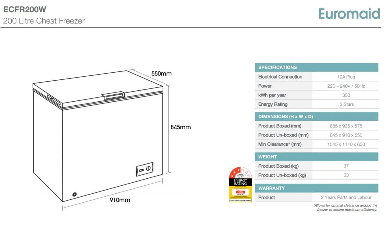 Euromaid 200 Litre Chest Freezer ECFR200W — LX2001 Homewares, Outdoor