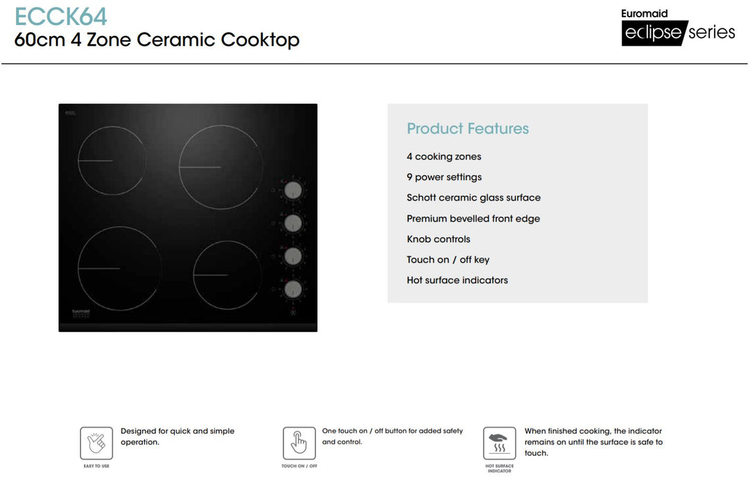 Euromaid 60cm Ceramic Cooktop With 4 Zones and Dial Controls ECCK64