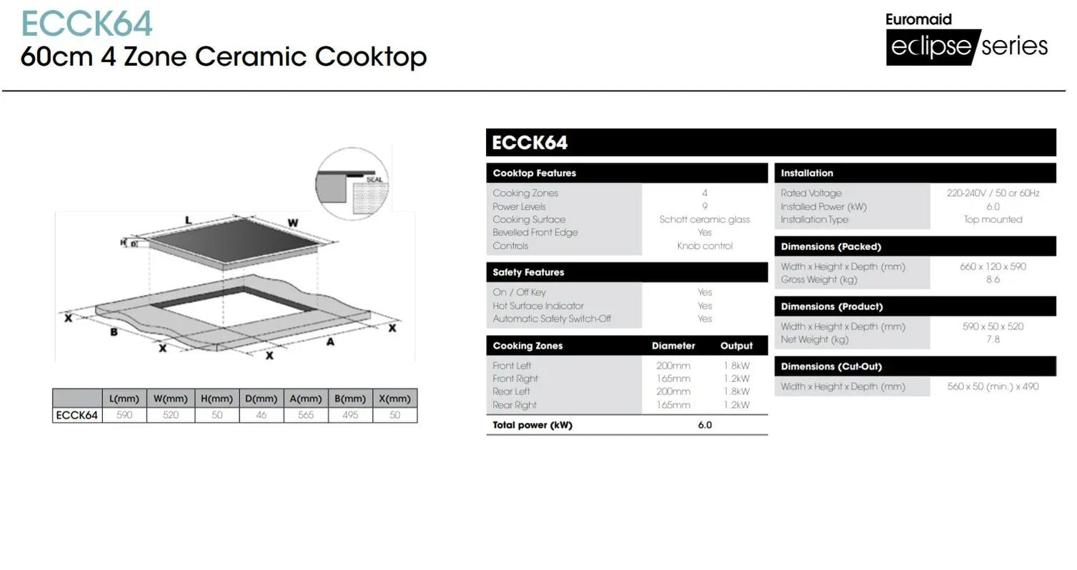 Euromaid 60cm Ceramic Cooktop With 4 Zones and Dial Controls ECCK64