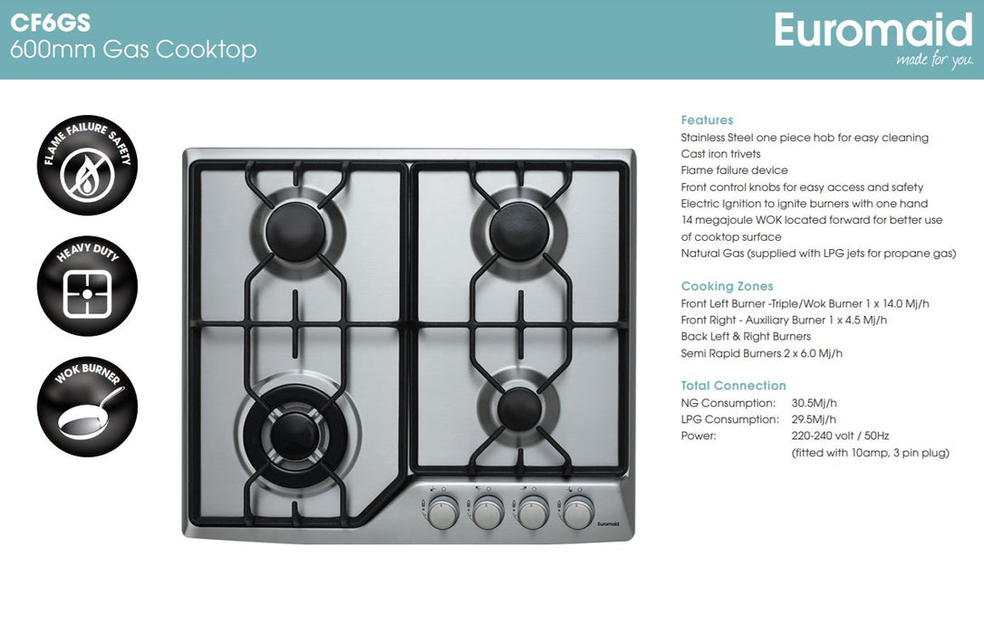 Euromaid 60cm Gas Cooktop With 4 Burners, Stainless Steel CF6GS