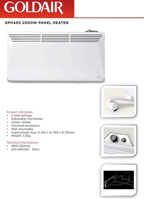 Goldair 2000W Mechanical Panel Heater GPH450 9420014231664 - LX2001 - Homewares, Outdoor, Phone Accessories, Cases, Speakers, Headphones + More -