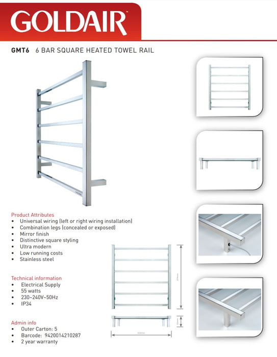 Goldair Heated Towel Rail 6 Bar Stainless Steel GMT6