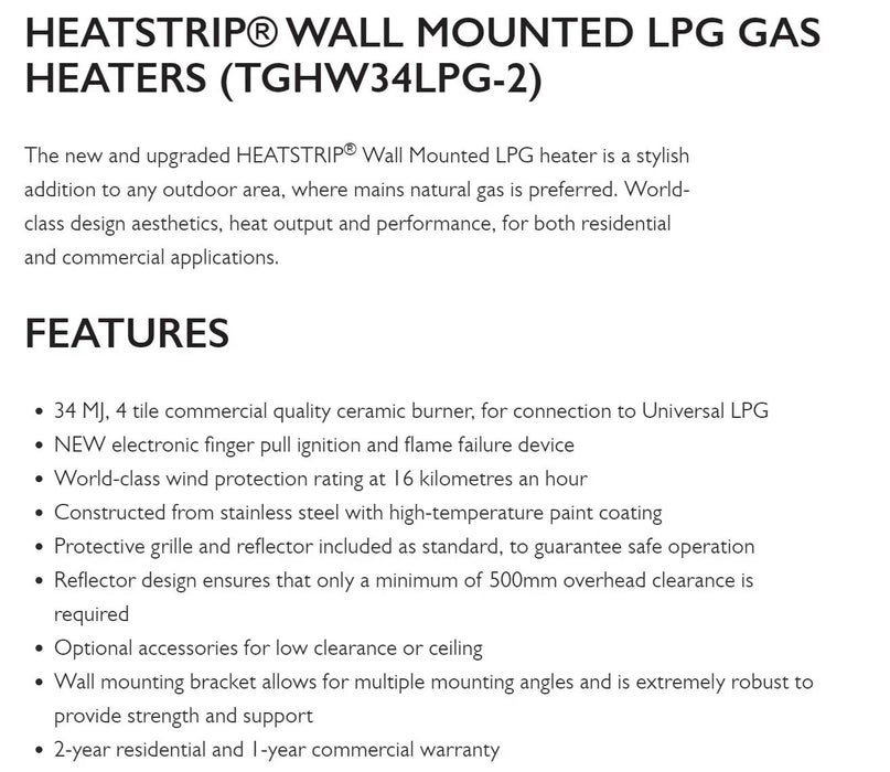 Heatstrip Heat Strip Outdoor Heater Wall Mounted LPG Outside Heater TGH34WL-2 - LX2001 - Homewares, Outdoor, Phone Accessories, Cases, Speakers, Headphones + More -