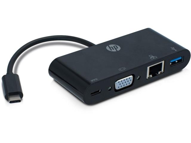 Hewlett Packard USB-C to VGA / USB-C / USB A / LAN Ports Hub - Black HP-023 192018097766