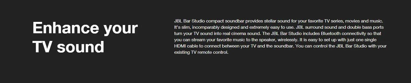 JBL Bar Studio 2 / 2.0 Channel Soundbar with Bluetooth JBLBARSBLKAS 050036338974 - LX2001 - Homewares, Outdoor, Phone Accessories, Cases, Speakers, Headphones + More -