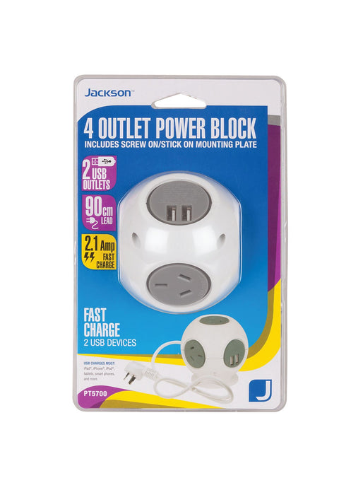 Jackson PowerCube 4 Port .9 m 2x USB-A (Fast Charge 2.1A) Power board block PT5700