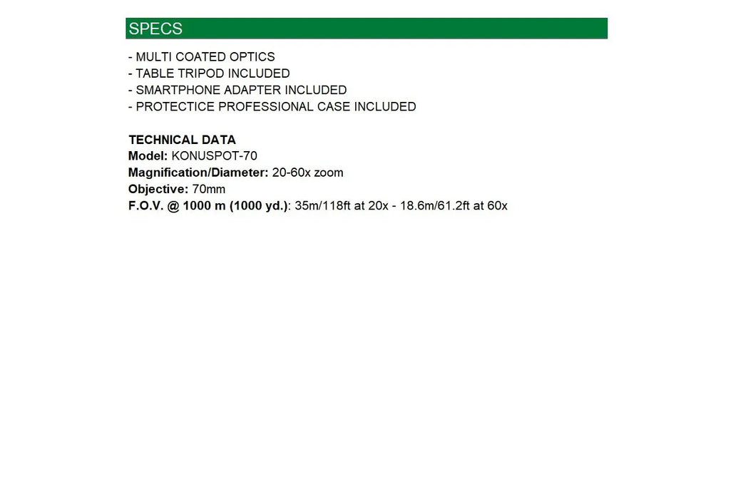 KS7121 7121 Konus KONUSPOT-70 20-60X70 Spotting Scope - Green 8002620071219 - LX2001 - Homewares, Outdoor, Phone Accessories, Cases, Speakers, Headphones + More -