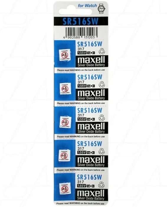 Maxell Silver Oxide SR516SW Watch Battery Button Cell - 5 Pack