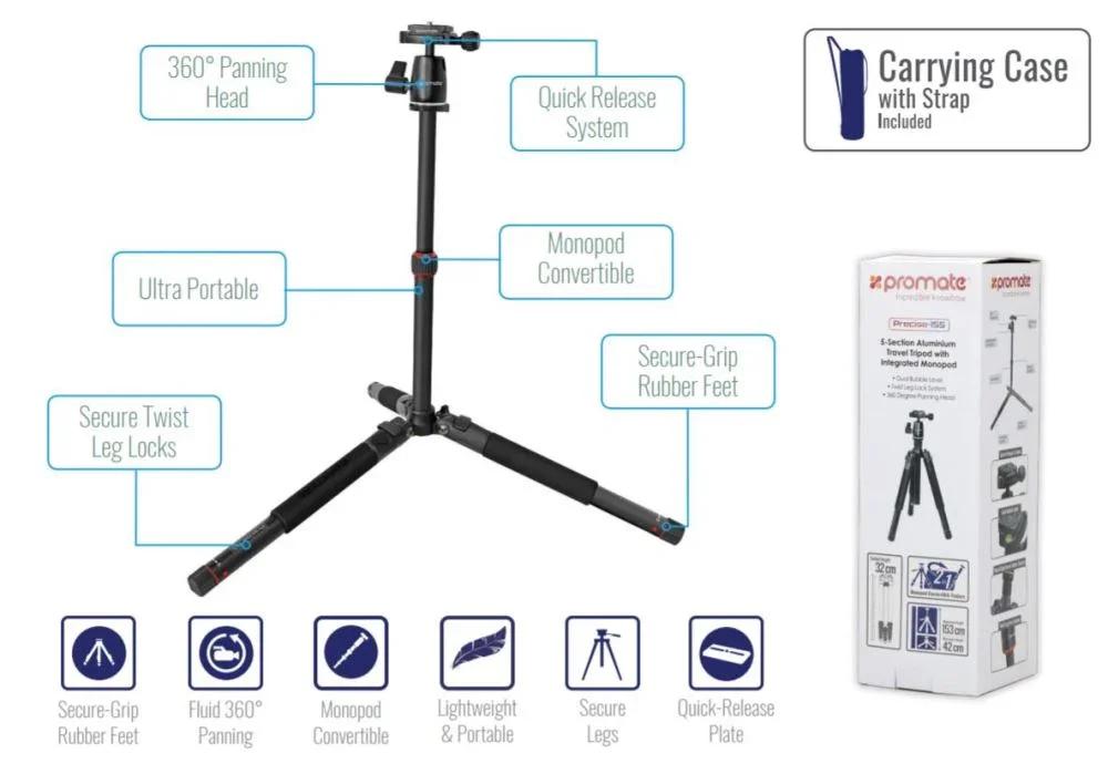 PROMATE 3-Way, 5-Section Precision Head Tripod 42 - 153cm Height adjustment - LX2001 - Homewares, Outdoor, Phone Accessories, Cases, Speakers, Headphones + More -