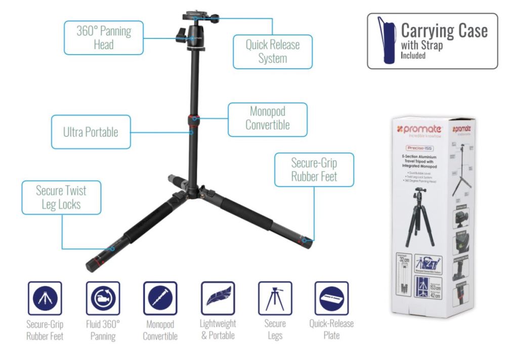 PROMATE 3-Way, 5-Section Precision Head Tripod 42 - 153cm Height adjustment