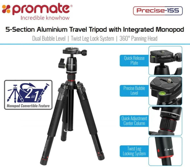 PROMATE 3-Way, 5-Section Precision Head Tripod 42 - 153cm Height adjustment - LX2001 - Homewares, Outdoor, Phone Accessories, Cases, Speakers, Headphones + More -