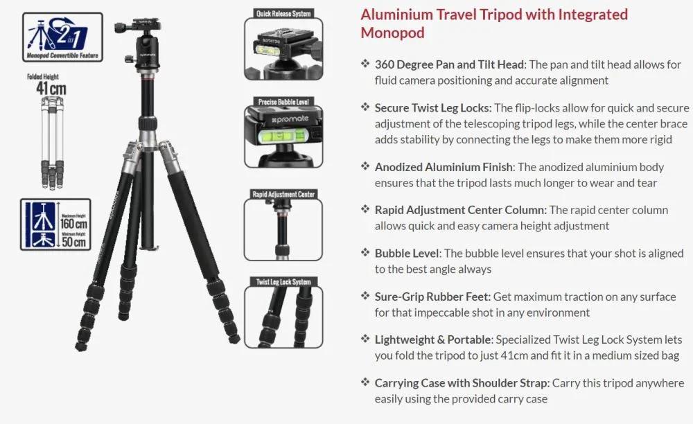 Promate Precise 160 Premium Professional Anodized Aluminium Travel Tripod PRECISE-160 - LX2001 - Homewares, Outdoor, Phone Accessories, Cases, Speakers, Headphones + More -