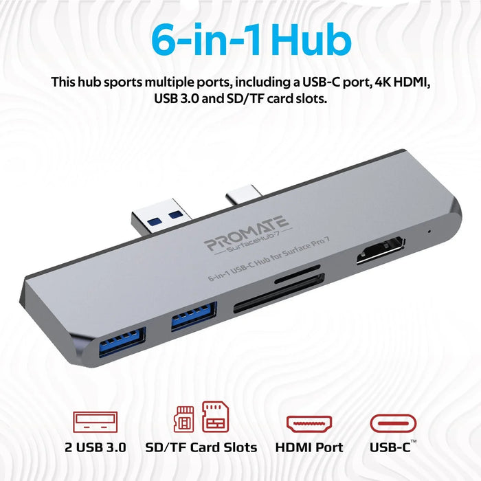 PROMATE High-Speed 6-In-1 USB-C Hub For Microsoft Surface Pro 7 - Grey SURFACEHUB-7.GRE - LX2001 - Homewares, Outdoor, Phone Accessories, Cases, Speakers, Headphones + More -