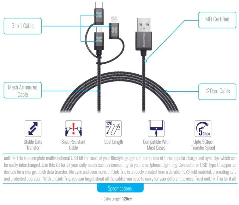 PROMATE MicroUSB USB-C & Lightning Connector USB Cable - LX2001 - Homewares, Outdoor, Phone Accessories, Cases, Speakers, Headphones + More -