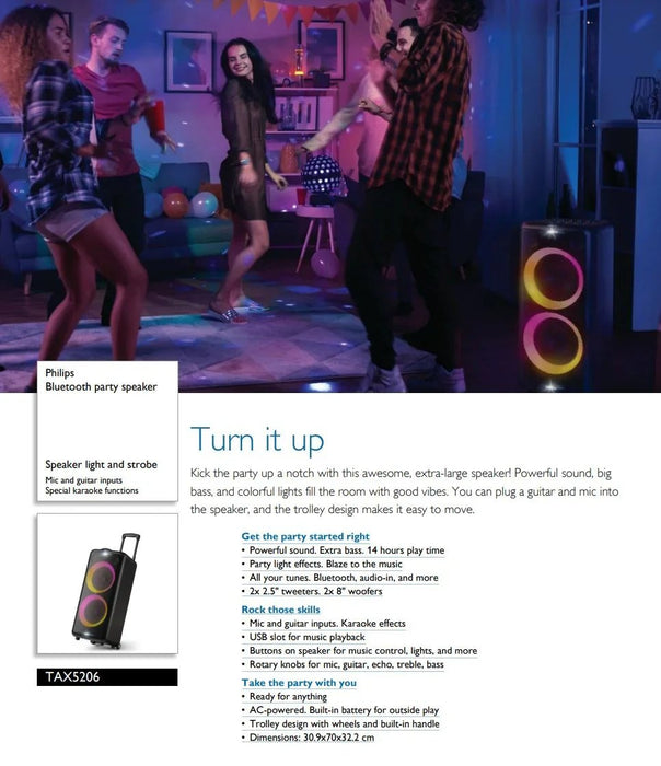 Philips Speaker TAX5206 Bluetooth Wireless Party Speaker - LX2001 - Homewares, Outdoor, Phone Accessories, Cases, Speakers, Headphones + More -