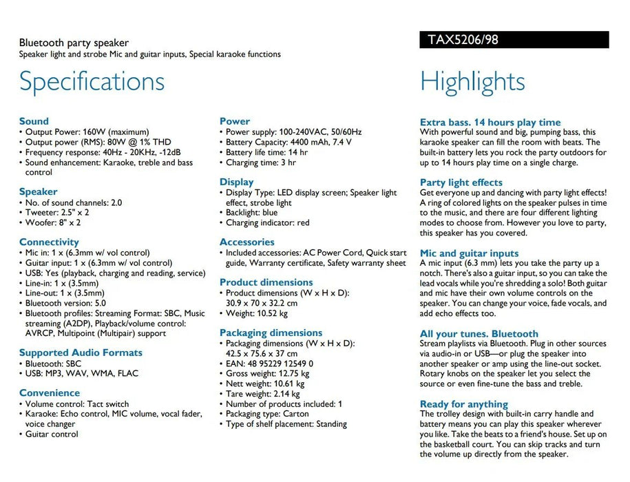 Philips Speaker TAX5206 Bluetooth Wireless Party Speaker - LX2001 - Homewares, Outdoor, Phone Accessories, Cases, Speakers, Headphones + More -