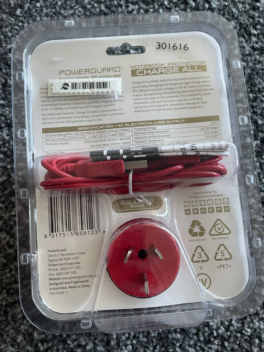 PowerGuard Notebook Protector ChargeAll Surge Protector AC Wall Charger - Red - LX2001 - Homewares, Outdoor, Phone Accessories, Cases, Speakers, Headphones + More -