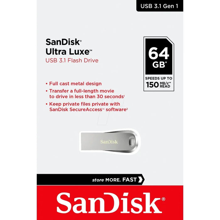 Sandisk ULTRA LUXE USB 3.1 FLASH DRIVE 64GB FULL CAST METAL 5Y - LX2001 - Homewares, Outdoor, Phone Accessories, Cases, Speakers, Headphones + More -