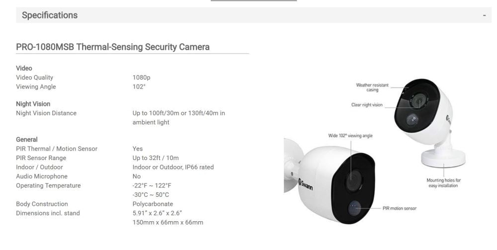 SWANN 1080p White Bullet Camera with PIR Motion Sensor & Thermal Sensing SWPRO-1080MSB-AU SWPRO-1080MSB