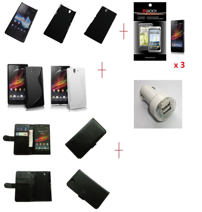 Sony Xperia Z Cases Leather Gel Rubber Dual USB Car Charger Screen Protectors x 3