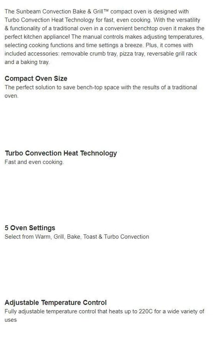 Sunbeam COM3500SS Convection Bake & Grill Compact Oven 18L 9311445034392 - LX2001 - Homewares, Outdoor, Phone Accessories, Cases, Speakers, Headphones + More -