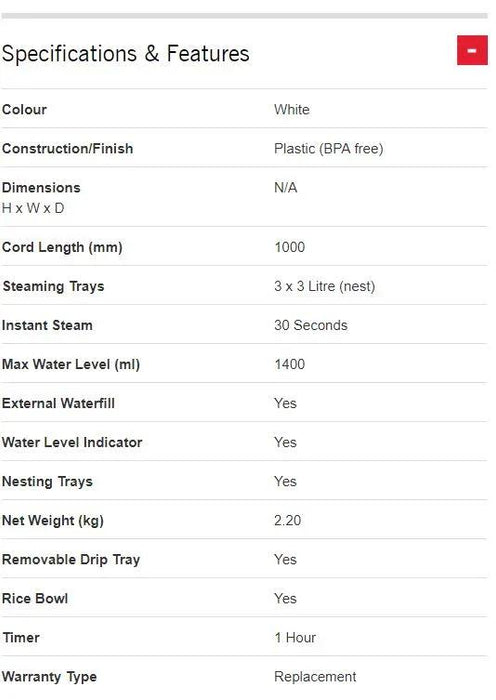 Sunbeam ST6650 VitaSteam Food Steamer 9311445017937 - LX2001 - Homewares, Outdoor, Phone Accessories, Cases, Speakers, Headphones + More -