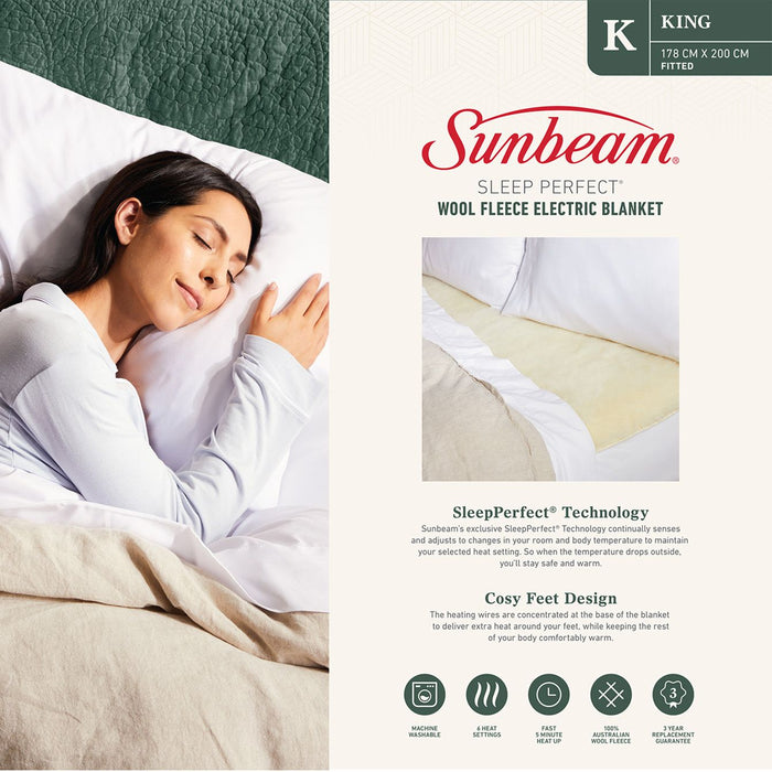 Sunbeam Sleep Perfect Wool Fleece Electric Blanket - King