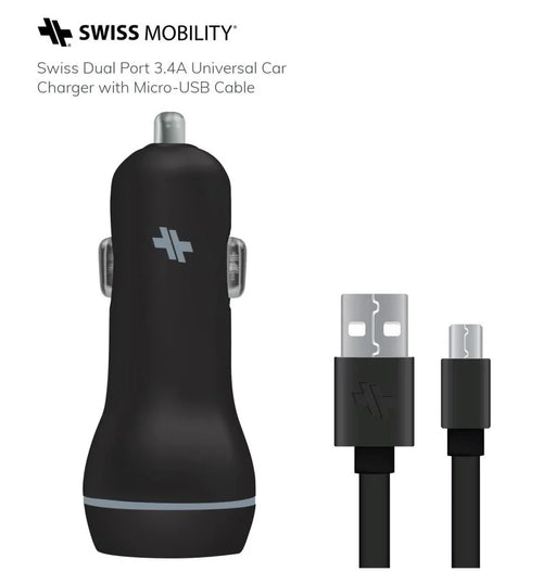 Swiss Dual Port 3.4A Universal Car Charger with Micro-USB Cable SCDC234U-B - LX2001 - Homewares, Outdoor, Phone Accessories, Cases, Speakers, Headphones + More -