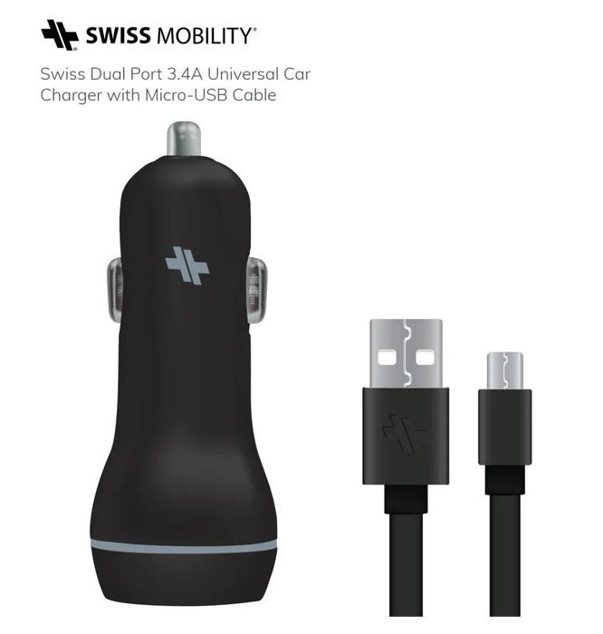 Swiss Dual Port 3.4A Universal Car Charger with Micro-USB Cable SCDC234U-B - LX2001 - Homewares, Outdoor, Phone Accessories, Cases, Speakers, Headphones + More -