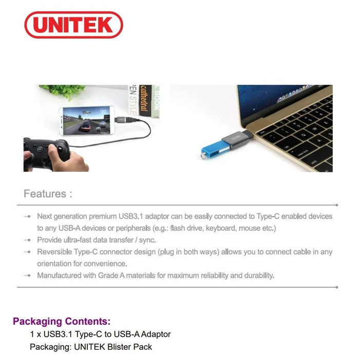 UNITEK USB-C to USB 3.1 Mini Adapter Y-A025CGY - LX2001 - Homewares, Outdoor, Phone Accessories, Cases, Speakers, Headphones + More -