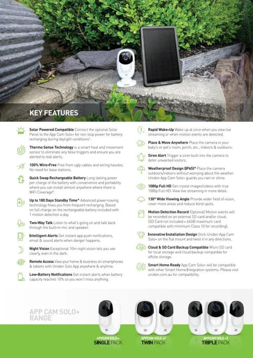 Uniden APPCAM SOLO+ Wifi Full HD Camera - IP65, Thermo Sense, Night Vision 3 Pcs - LX2001 - Homewares, Outdoor, Phone Accessories, Cases, Speakers, Headphones + More -
