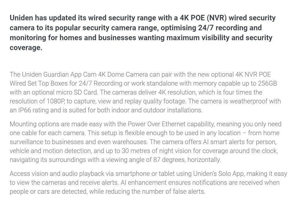 Uniden APP CAM 4K Dome Wired Indoor / Outdoor 4K (8MP) Dome Camera POE - LX2001 - Homewares, Outdoor, Phone Accessories, Cases, Speakers, Headphones + More -