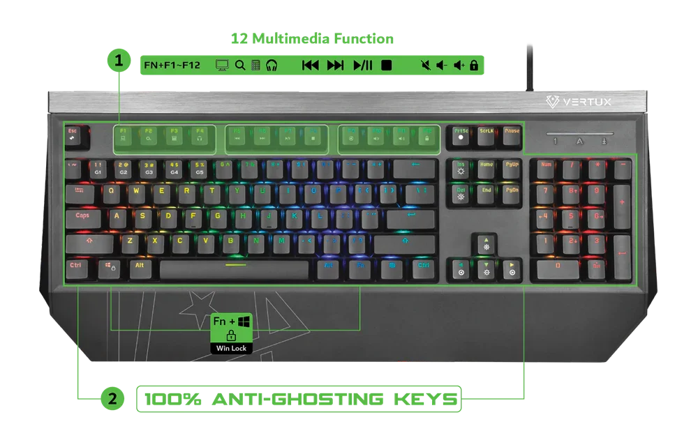 Vertux Precision Pro Mechanical Gaming Keyboard w/ RGB Backlight TANTALUM - LX2001 - Homewares, Outdoor, Phone Accessories, Cases, Speakers, Headphones + More -