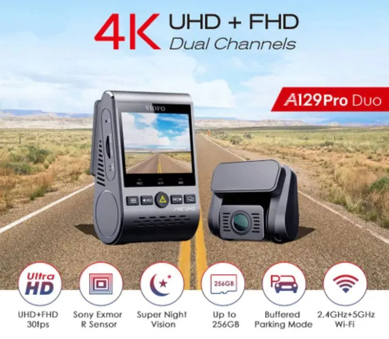 Viofo DashCam Dash Cam A129 PRO DUO 4K FRONT + HD 1080P Rear Dual Wifi GPS A129PRODUO-G - LX2001 - Homewares, Outdoor, Phone Accessories, Cases, Speakers, Headphones + More -