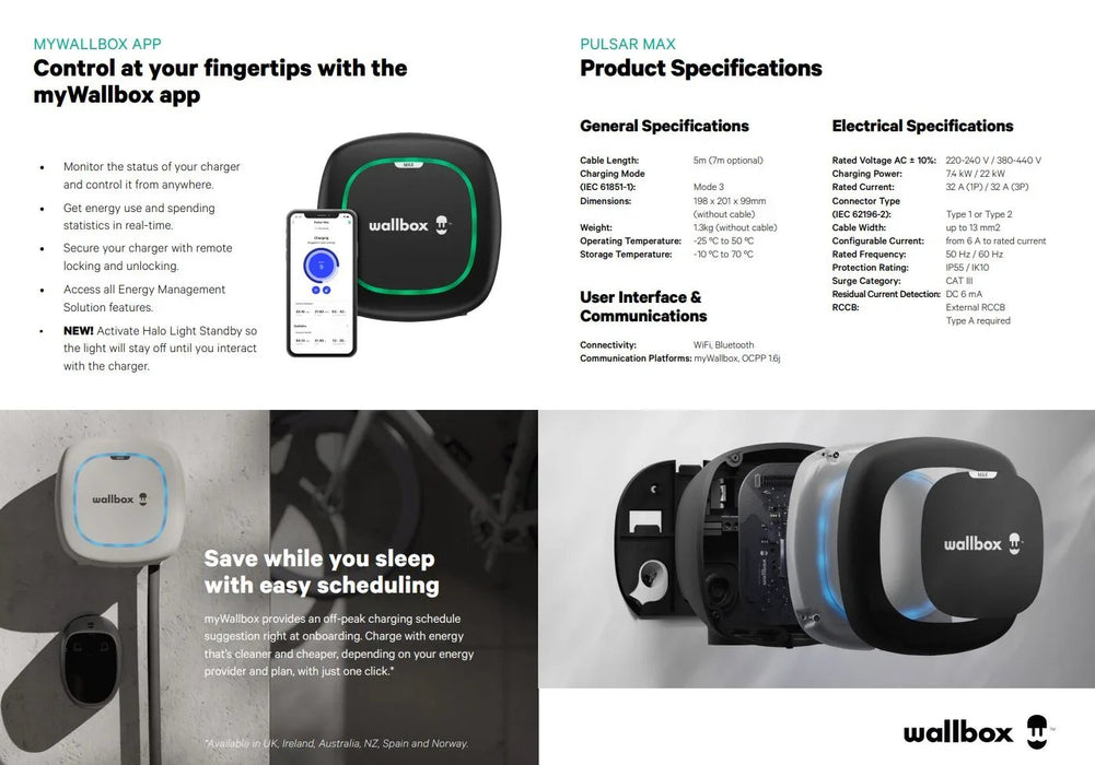 Wallbox Pulsar Max EV Electric Vehicle Charger - Type 2 - 5M - Black - LX2001 - Homewares, Outdoor, Phone Accessories, Cases, Speakers, Headphones + More -